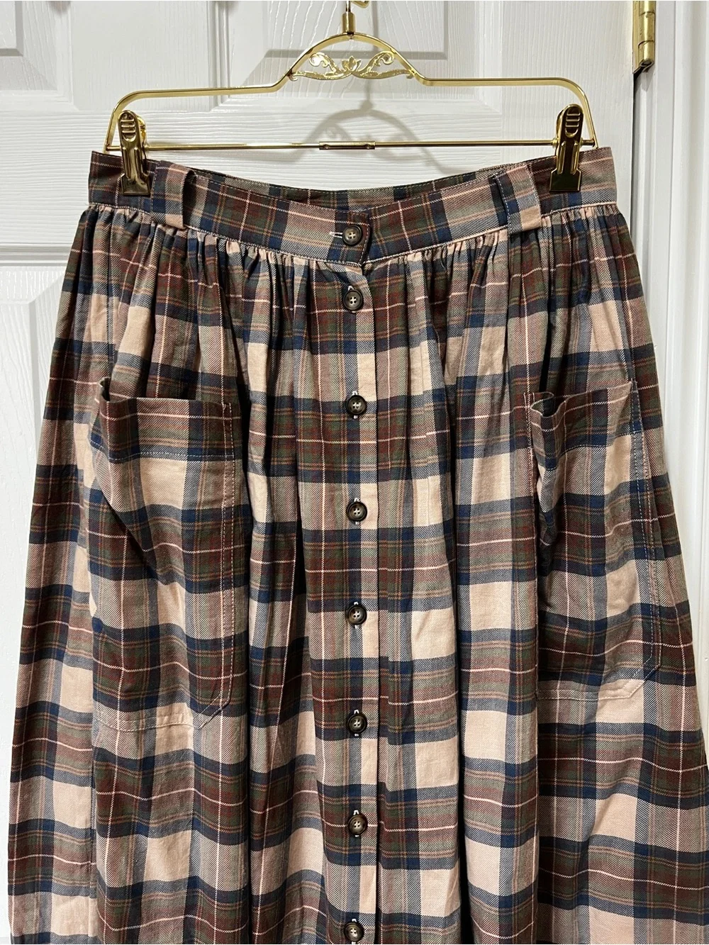 Laura Ashley vintage Plaid Maxi Skirt Pleated Size 12 Front Button Closure Brown - Picture 9 of 12